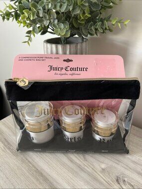 Juicy Couture 3-Piece Compression Pump Travel Jar and Cosmetic Bag Set NWT